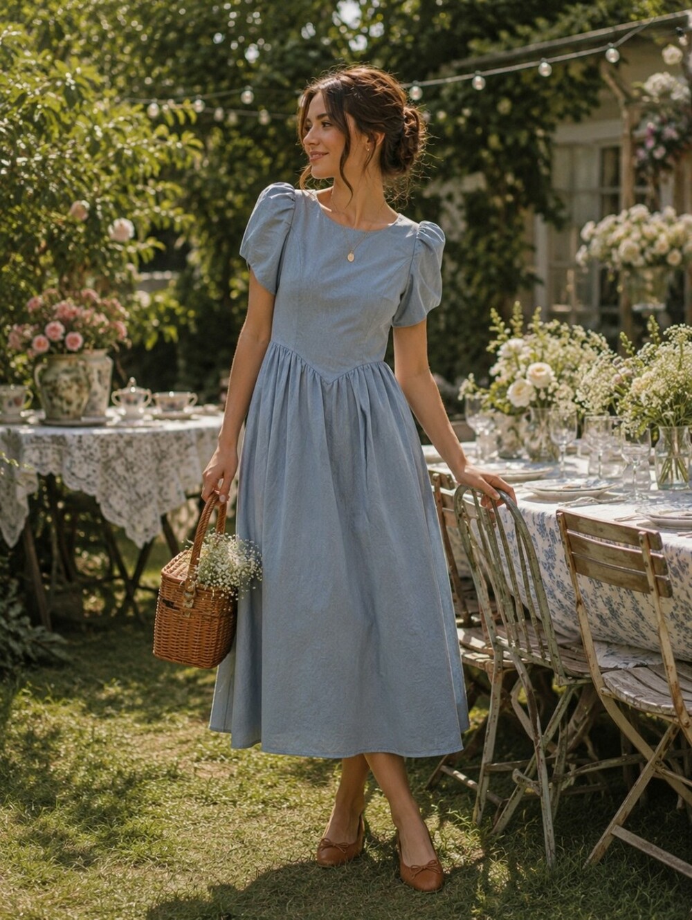 Vintage Blue Ball Gown Drwss Puff Sleeve XS